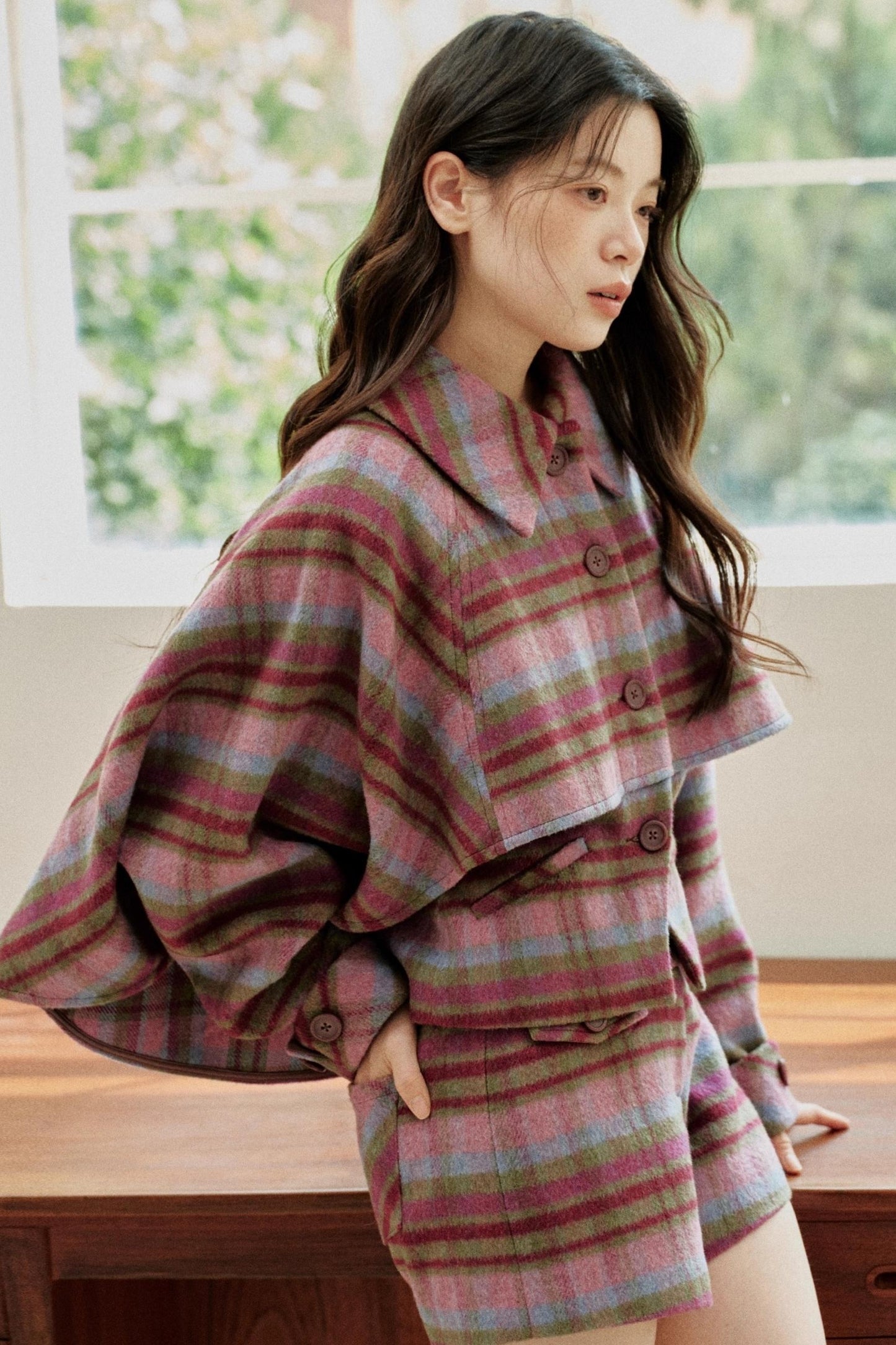 Pink-Purple Wool Plaid Cape Set-Up