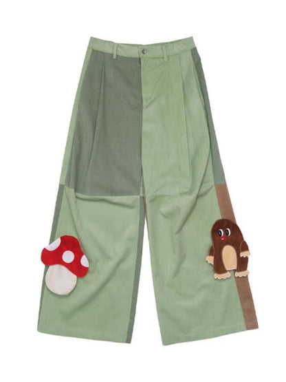 Mushroom Mole 3D Pocket Corduroy Contrast Flare Wide Pants