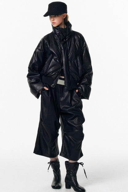 Irregular Pleated Leather Pants