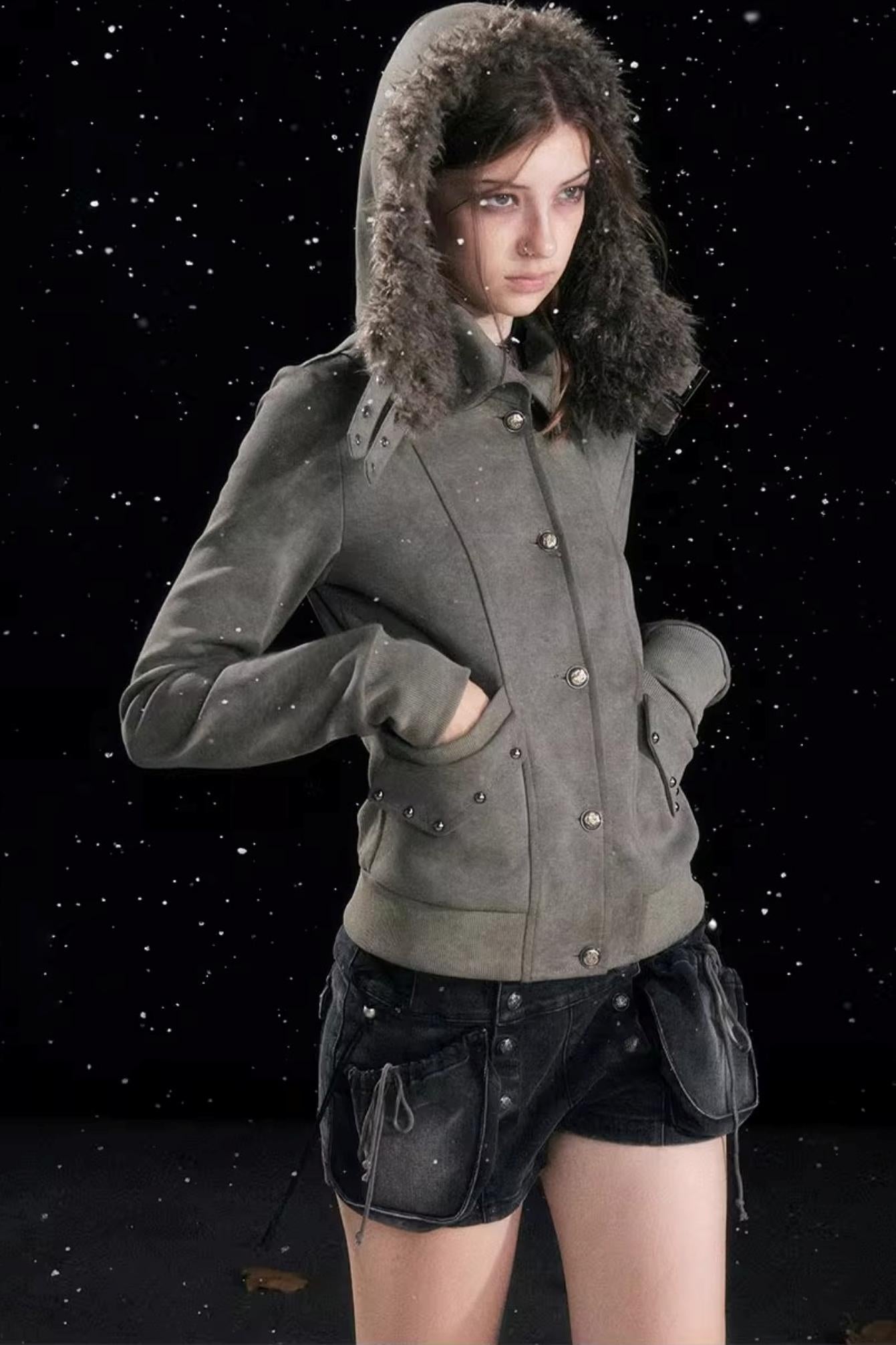 Aged Vintage Detachable Fur Hooded Coat