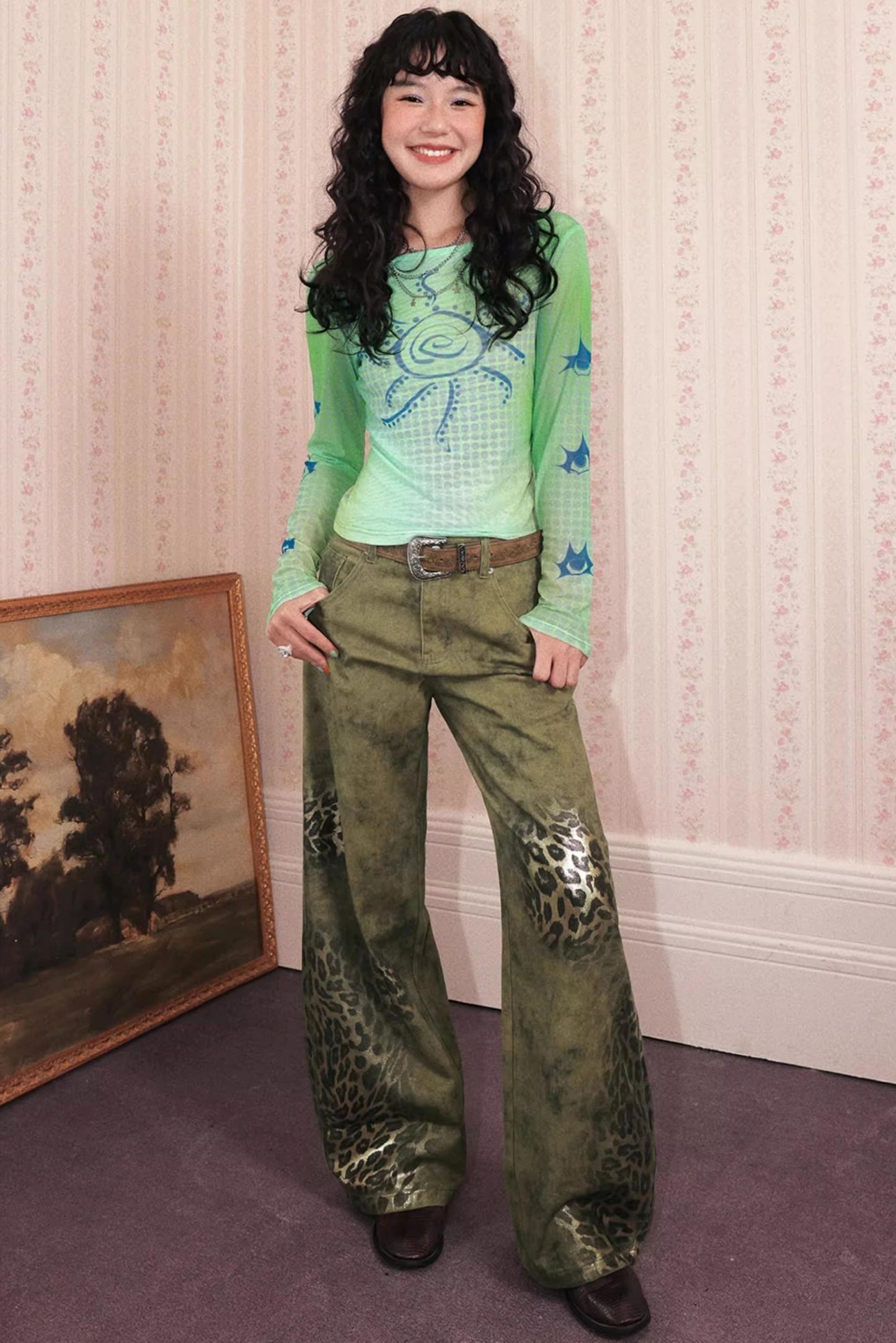 Cotton Washed Leopard Print Denim Pants