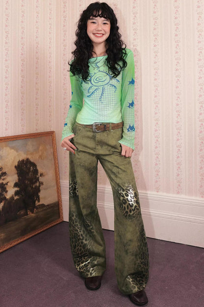 Cotton Washed Leopard Print Denim Pants