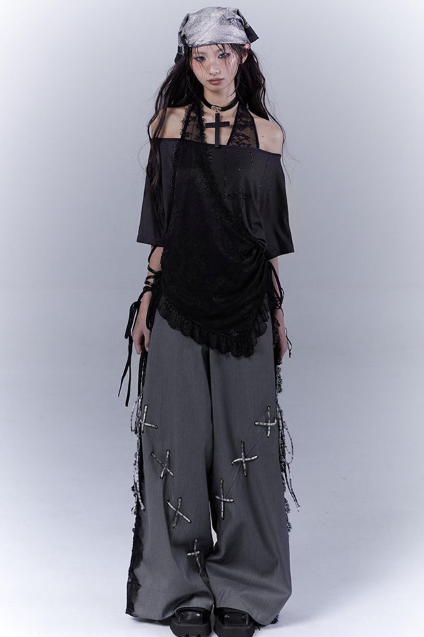 Gray Hollow Lace Fusion Casual Trousers