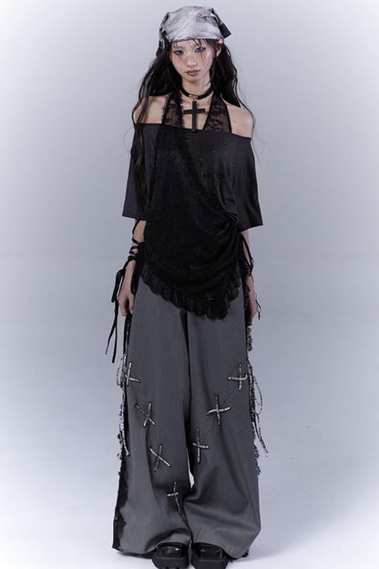 Gray Hollow Lace Fusion Casual Trousers