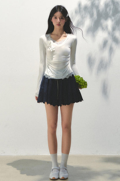 Navy Pleated Embroidered Skirt