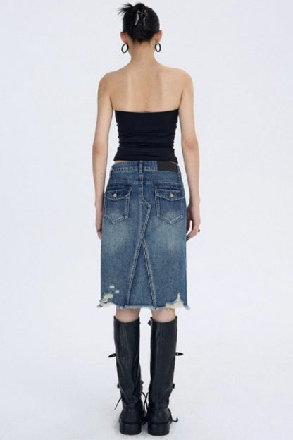 Retro Blue Distressed Denim Skirt
