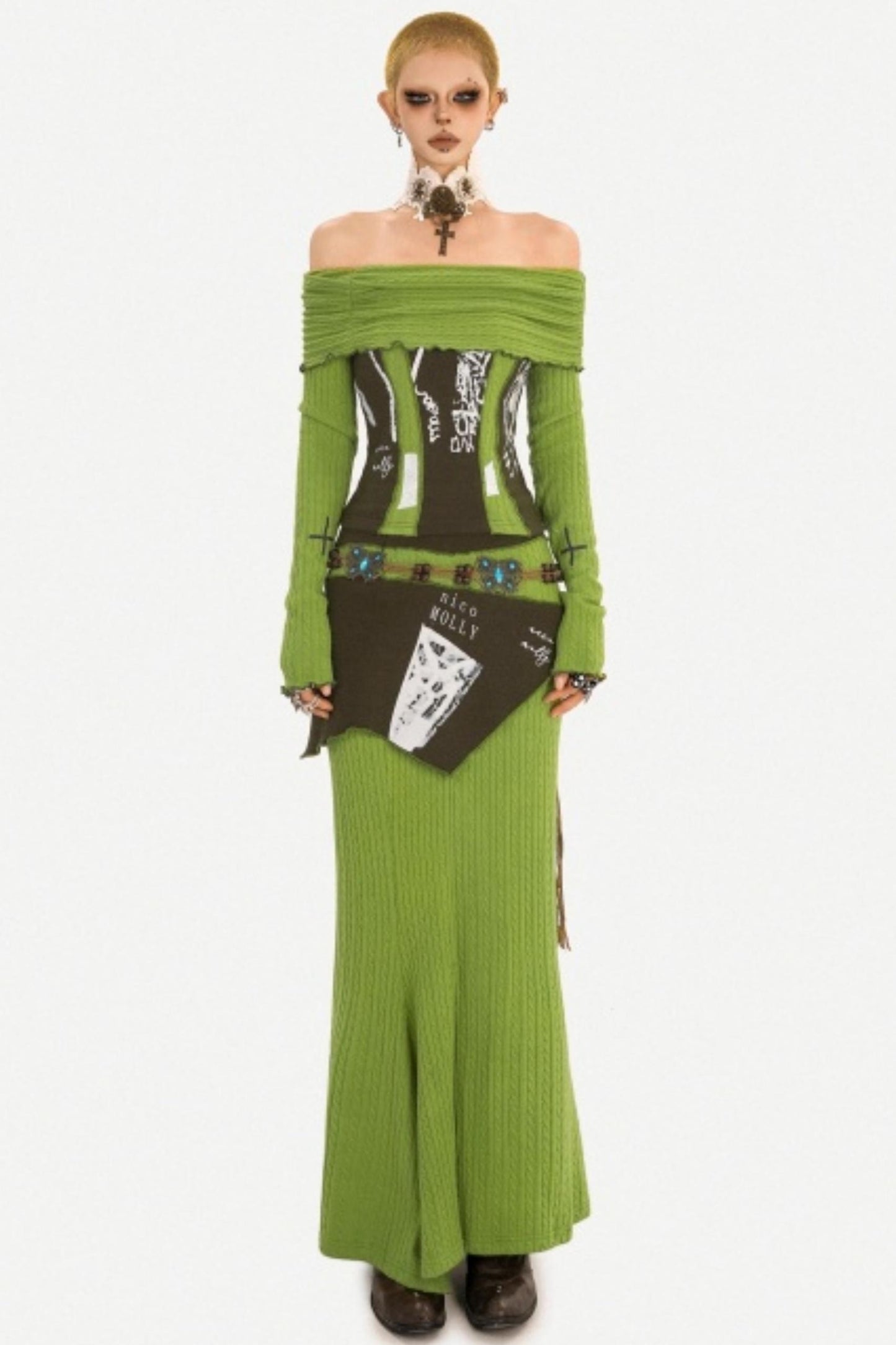 Green Off-Shoulder Top Skirt Set-Up