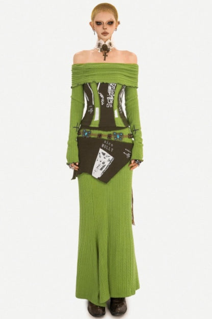 Green Off-Shoulder Top Skirt Set-Up