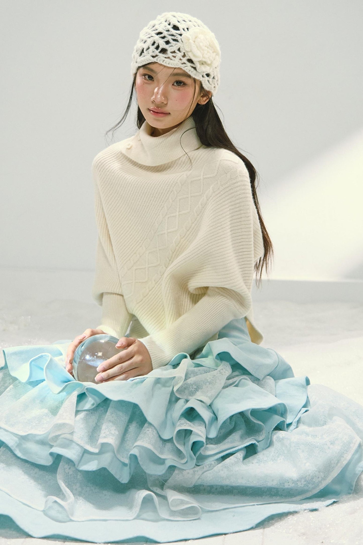 Mint Blue Lace Patchwork Puffy Skirt