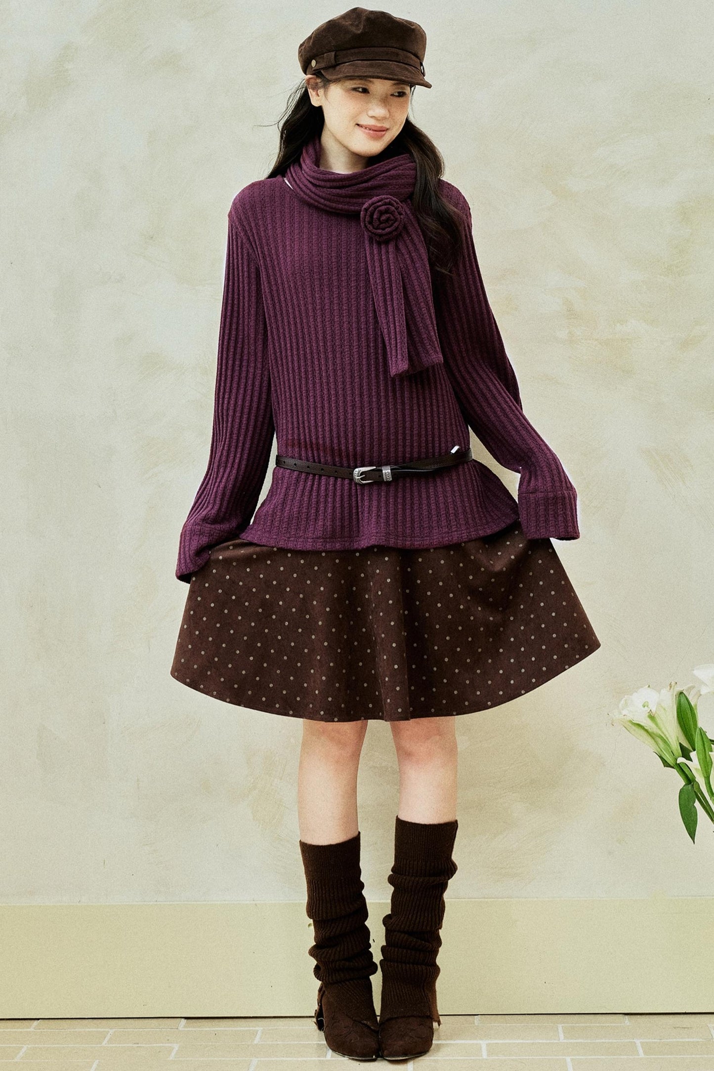 Purple Strip Knit Gray Woolen Jacket Set-Up
