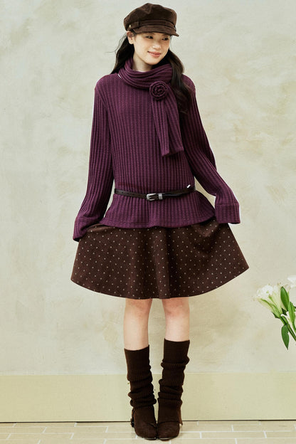 Purple Strip Knit Gray Woolen Jacket Set-Up