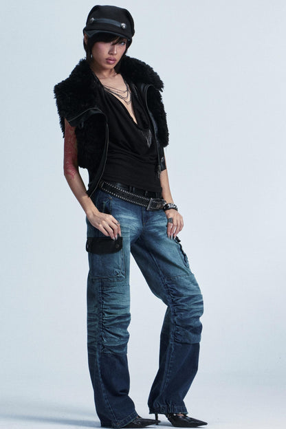 Distressed Denim Patch Pants