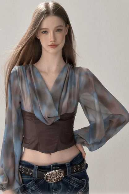 Waist-Cinching Printed Chiffon Shirt