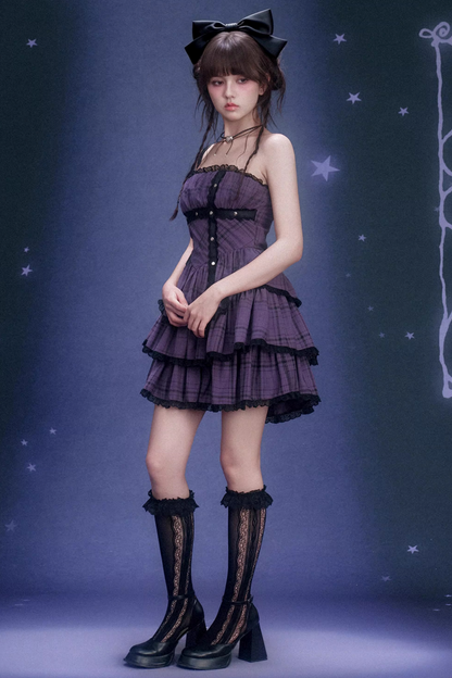 Grape Purple Plaid Strapless Dress Set-Up