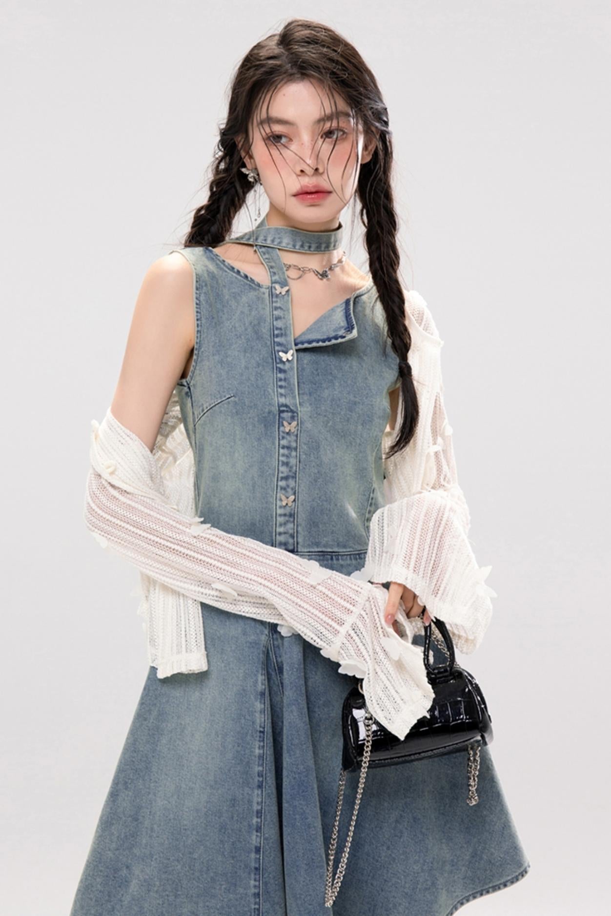 Elegant Ribbon Denim Dress