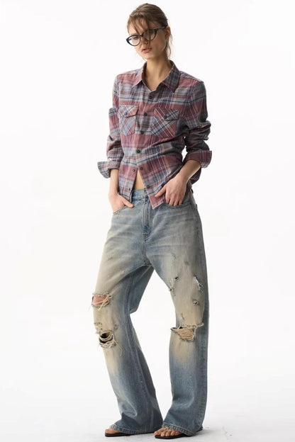 Exitmode Short Plaid Embroidered Shirt