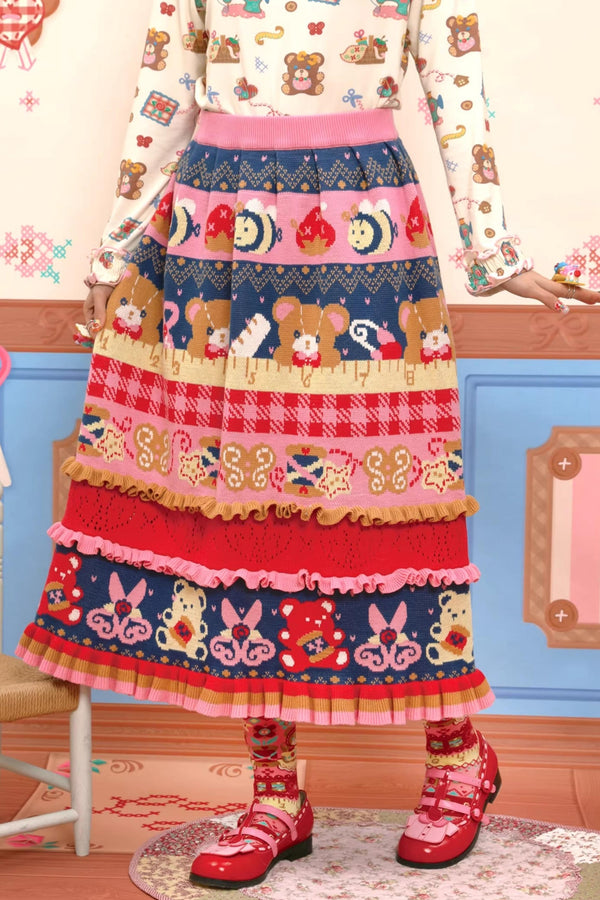 Red and Navy Lace Knitted Skirt