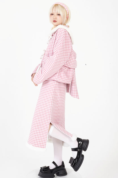 Chinese-Style Pink Wool Plaid Skirt