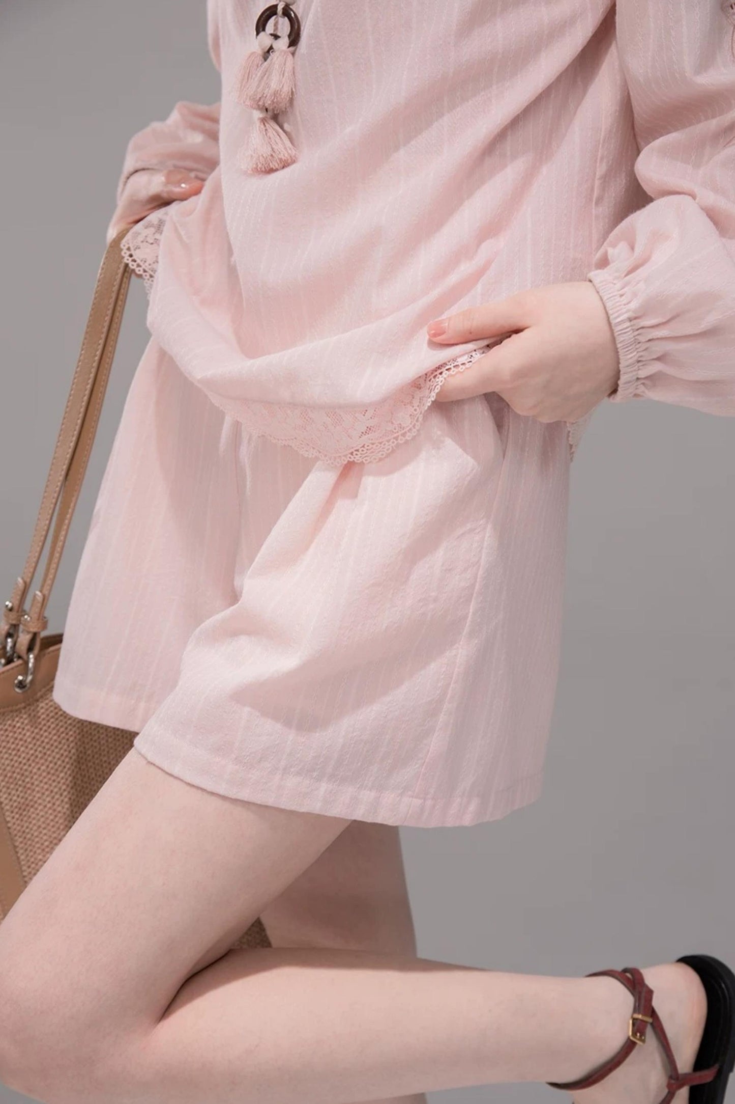 Cloud Peach Embroidered Striped Shirt Set-Up