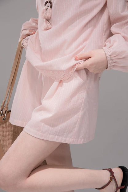 Cloud Peach Embroidered Striped Shirt Set-Up