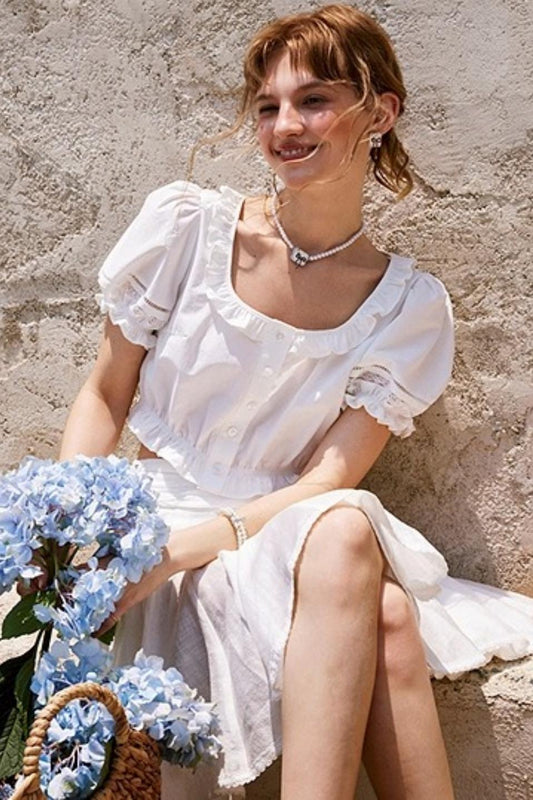 White Lace Square Collar Puff Sleeve Shirt