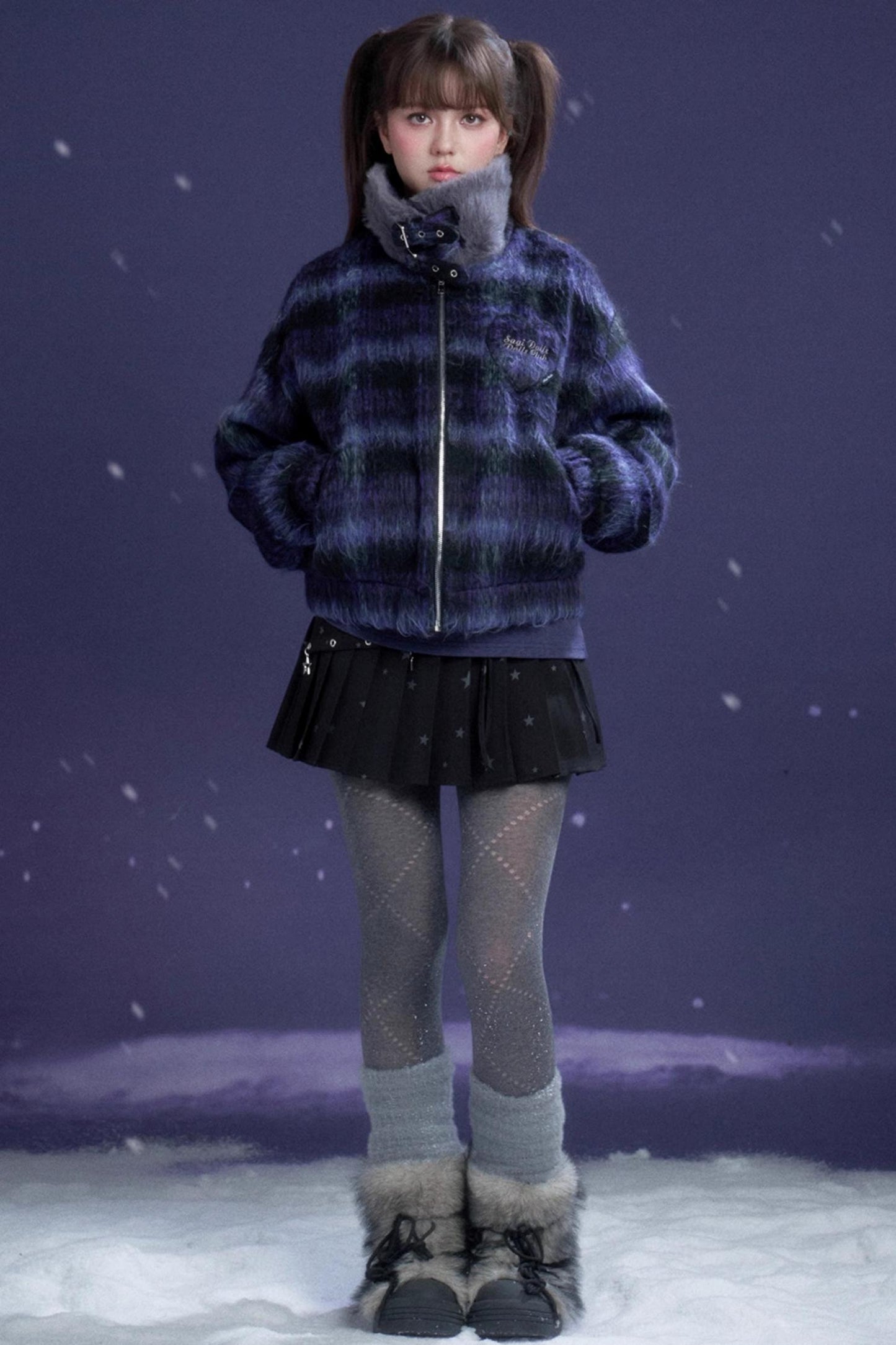 High-Neck Plaid Woolen Coat