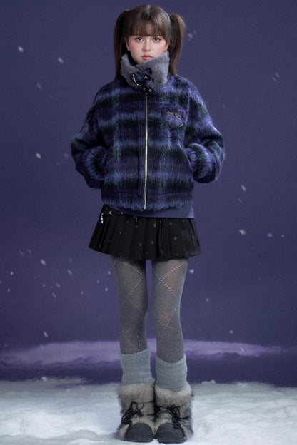 High-Neck Plaid Woolen Coat