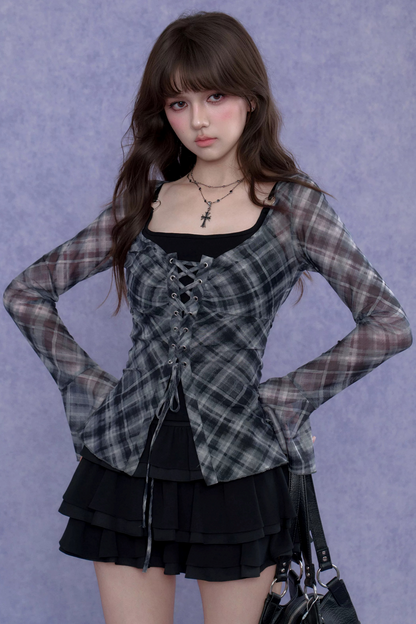 Gray Plaid Tie-Neck Top Set-Up