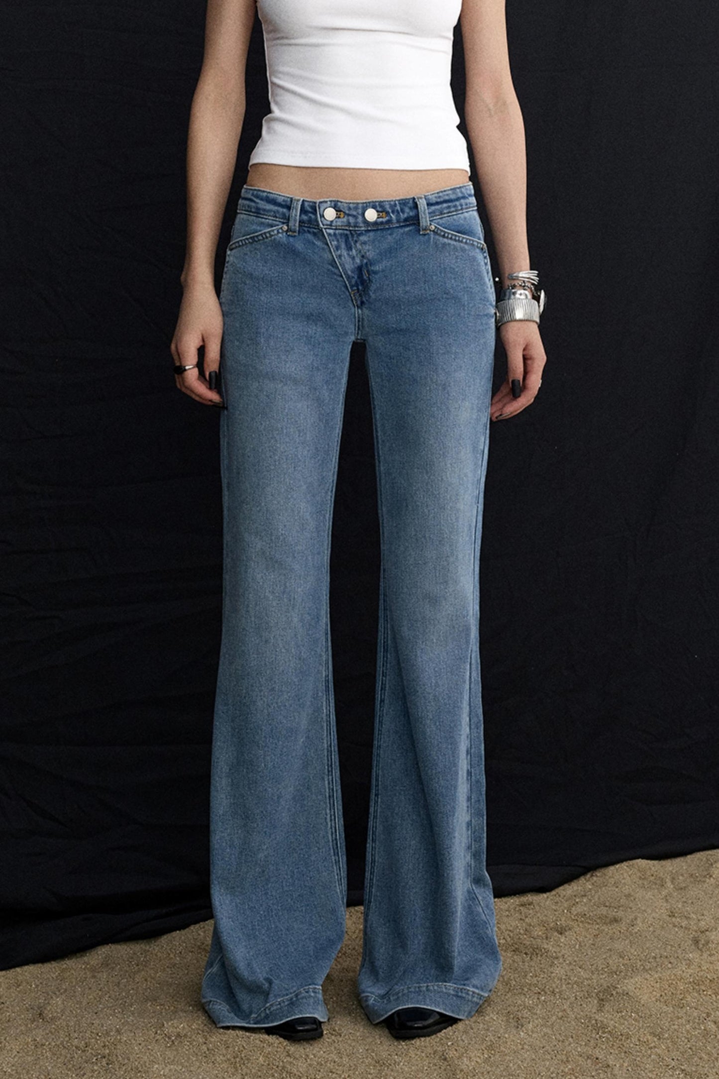 Deconstructed Washed Blue Bootcut Pants