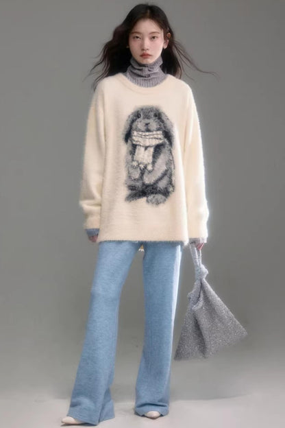 Color-Blocked Rabbit Jacquard Sweater