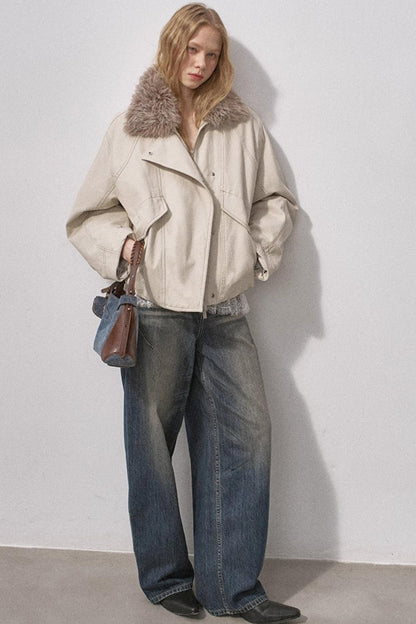 Curved Sleeve Fur Collar Jacket