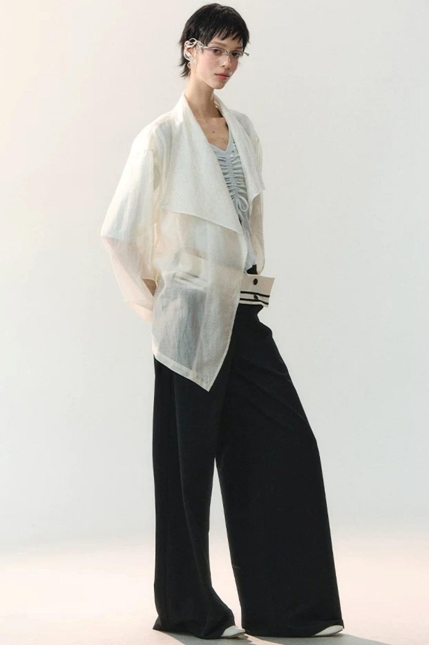 Folded Embroidery Plant Texture Shirt Set