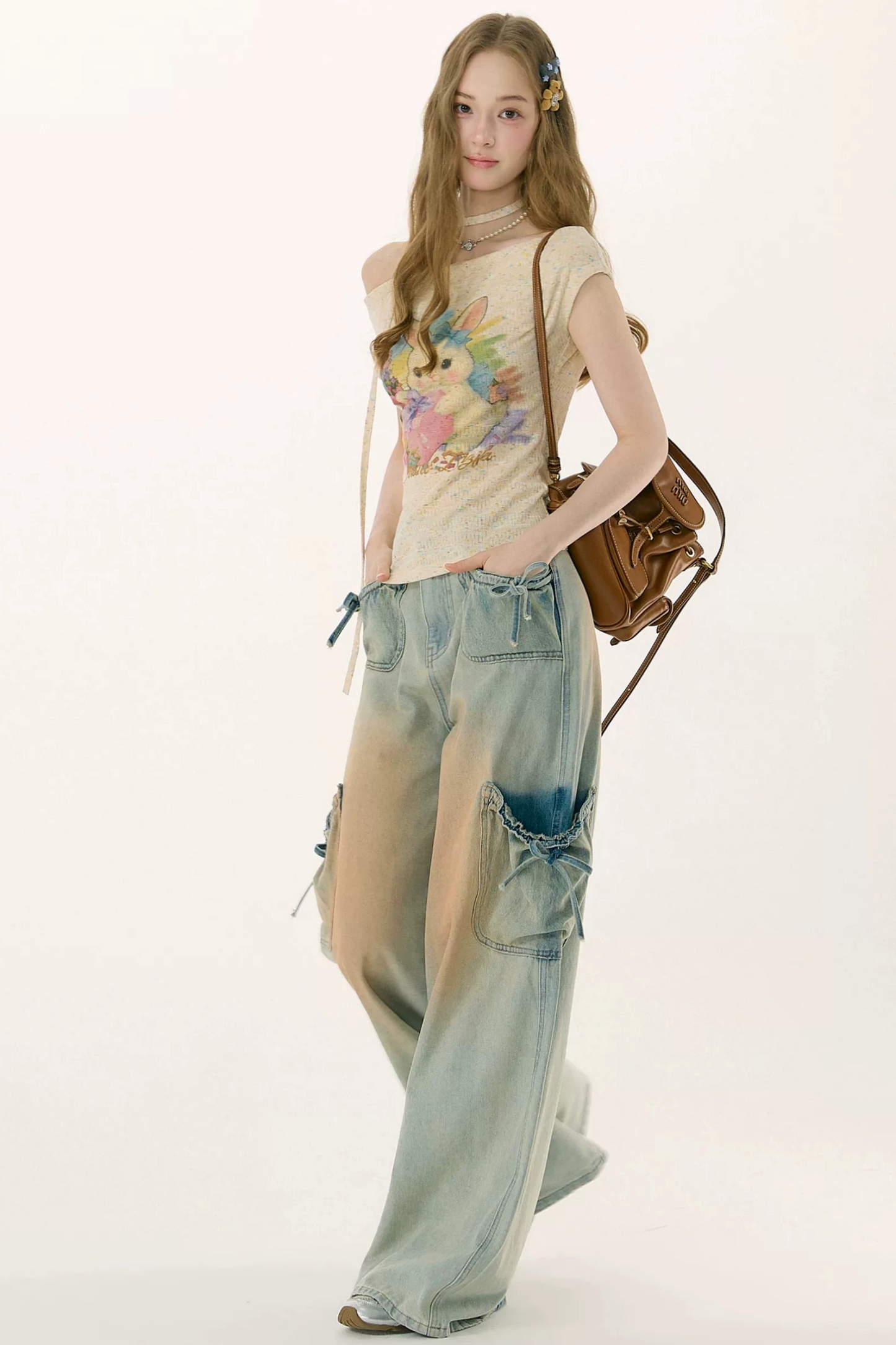 High-Waisted Bow-Knot Wide-Leg Denim Pants