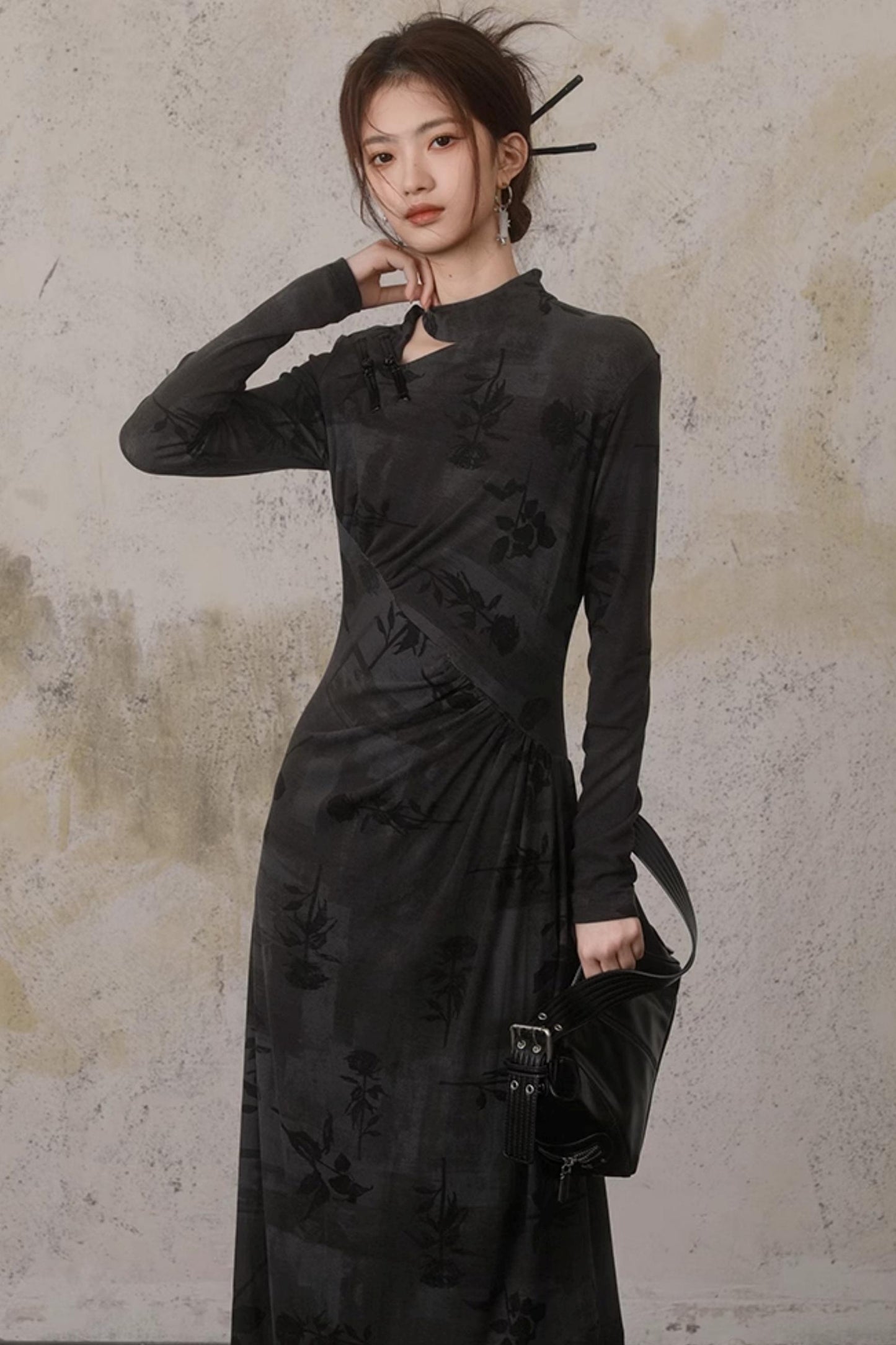 Slim Fit Inkstone Gray Cheongsam Dress