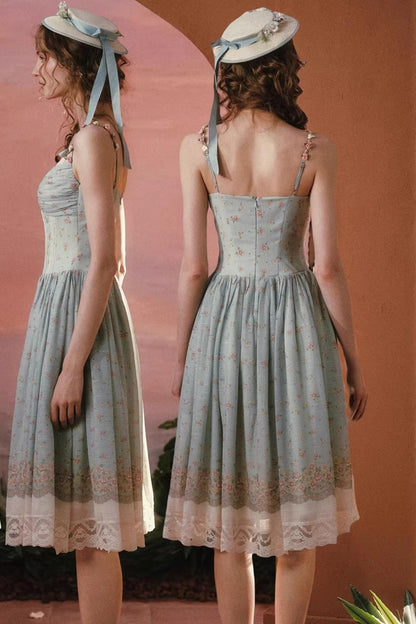 Green Floral Sweet Strap Dress