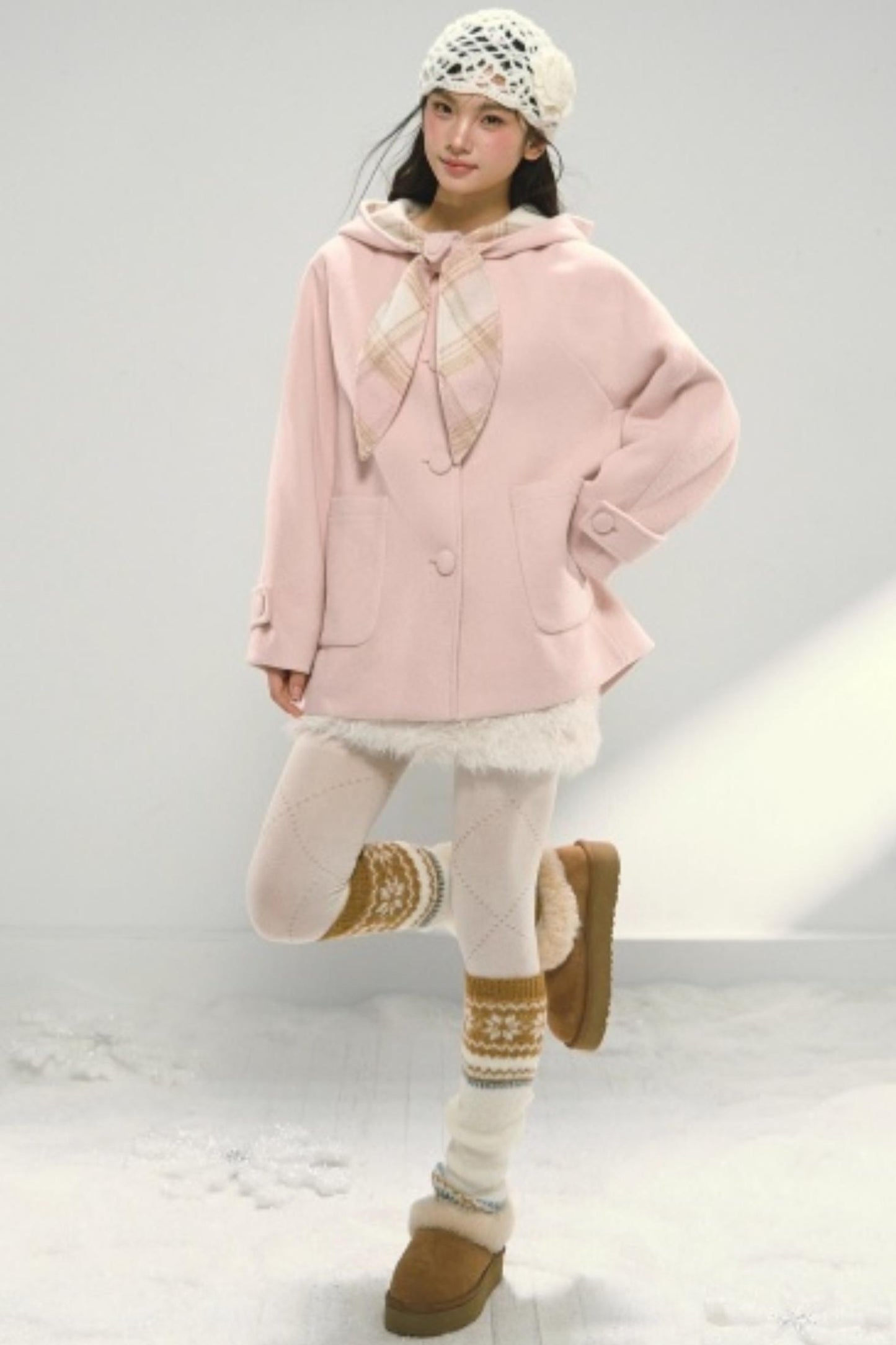 Pink Paneled Plaid Hooded Wool Coat