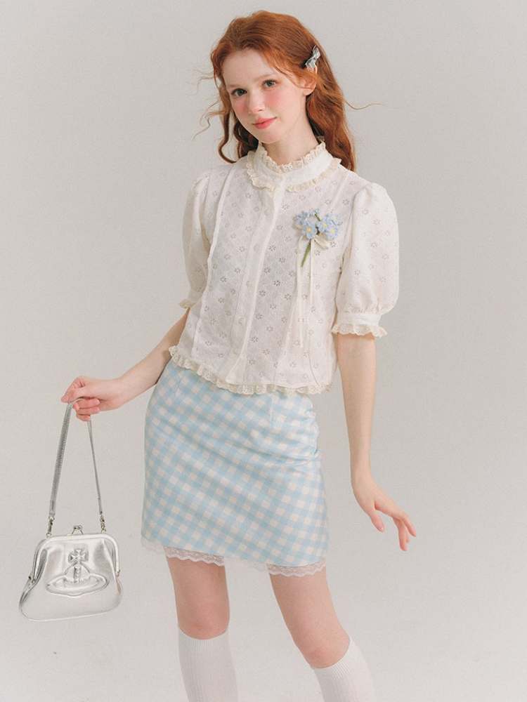 Flower Jacquard Lace French Short Sleeve Shirt