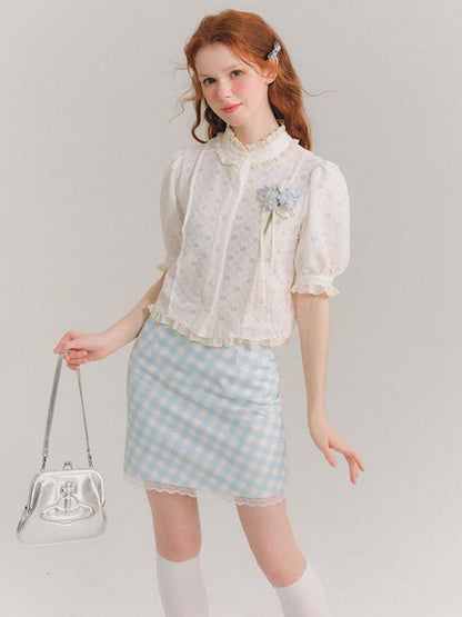 Flower Jacquard Lace French Short Sleeve Shirt