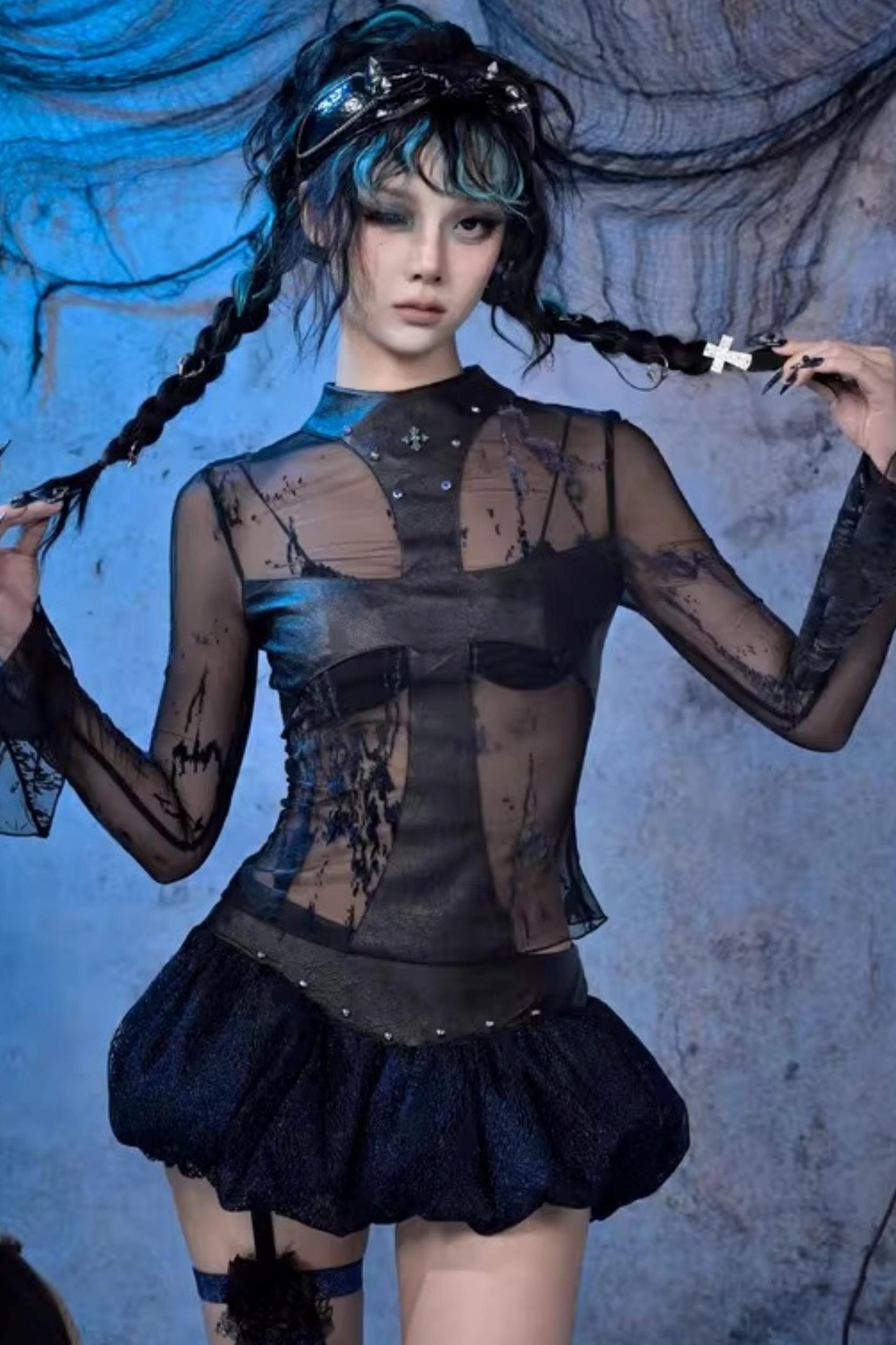 Studded Cross Mesh Top