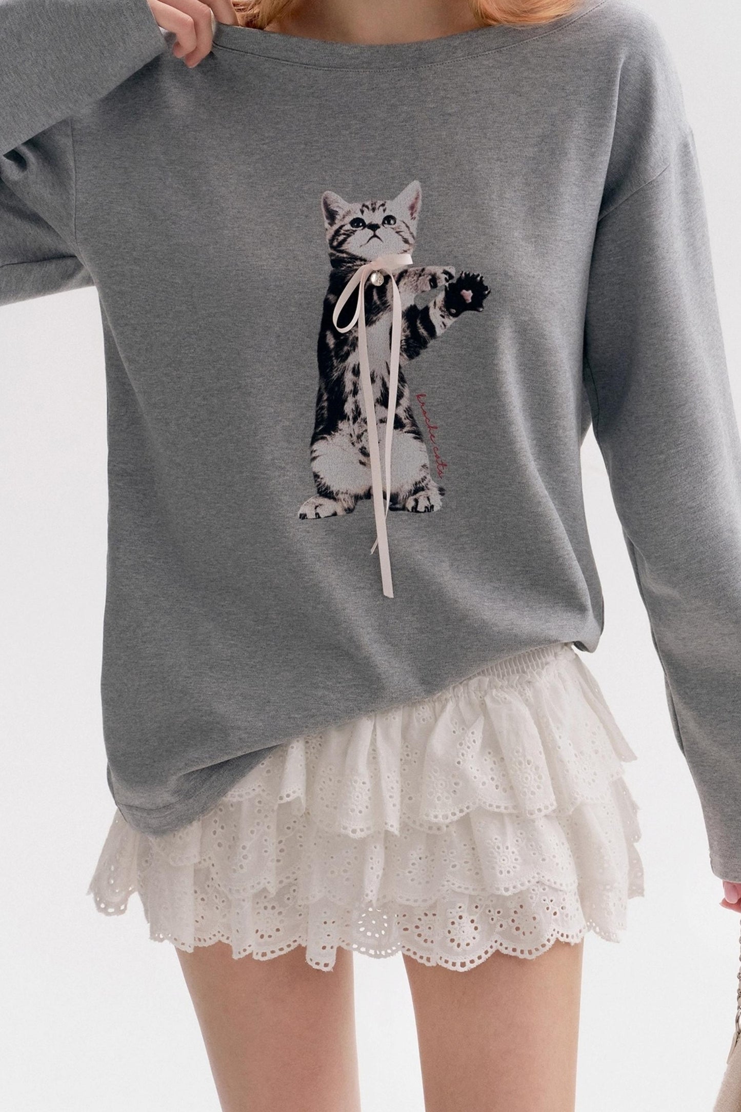 Lazy Kitten-print Long-sleeved T-shirt