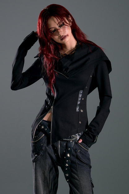 Hooded Asymmetrical Zip Knit Top