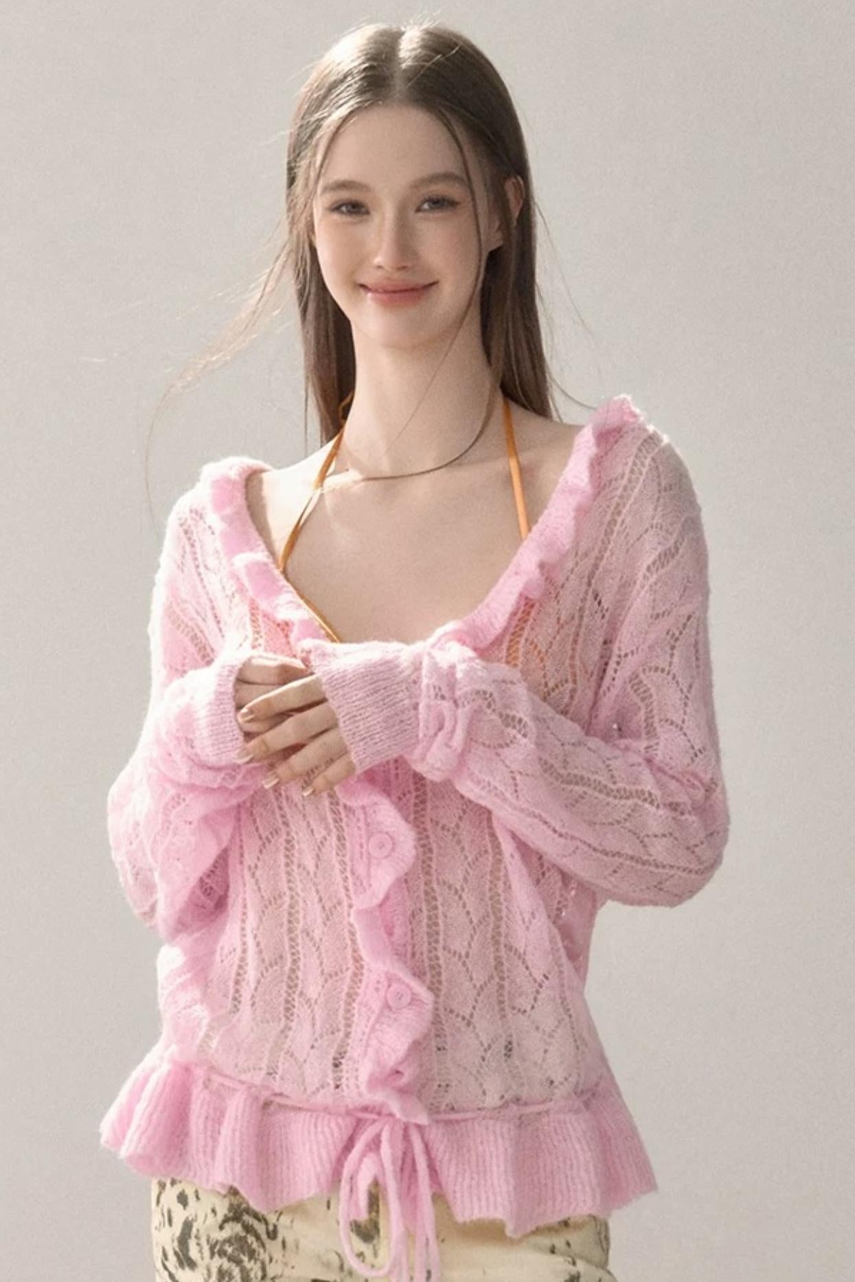 Knit Ruffled Cut Out Blouse