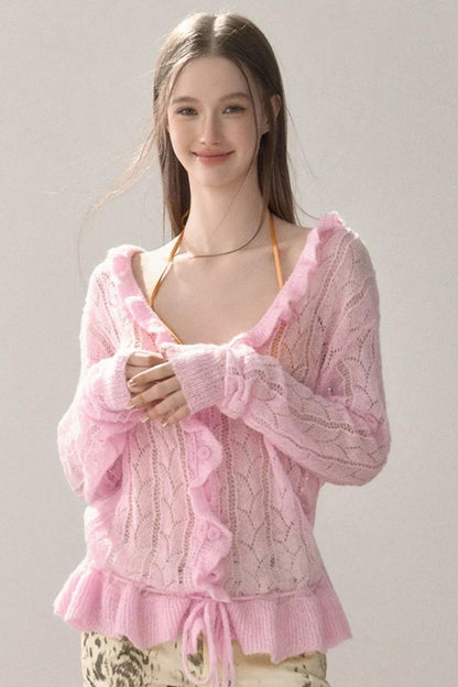 Knit Ruffled Cut Out Blouse