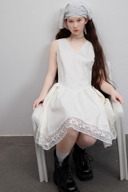 White Pleated V-Neck Dress