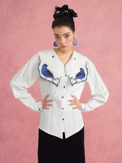 Blue Bird Embroidery Blouse