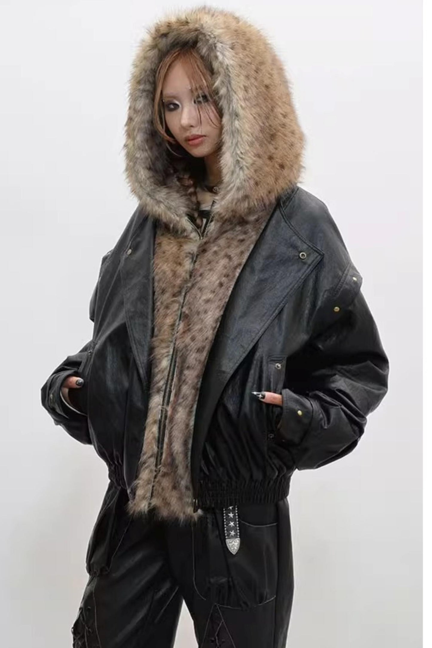 Invisible Fur Patchwork Leather Jacket