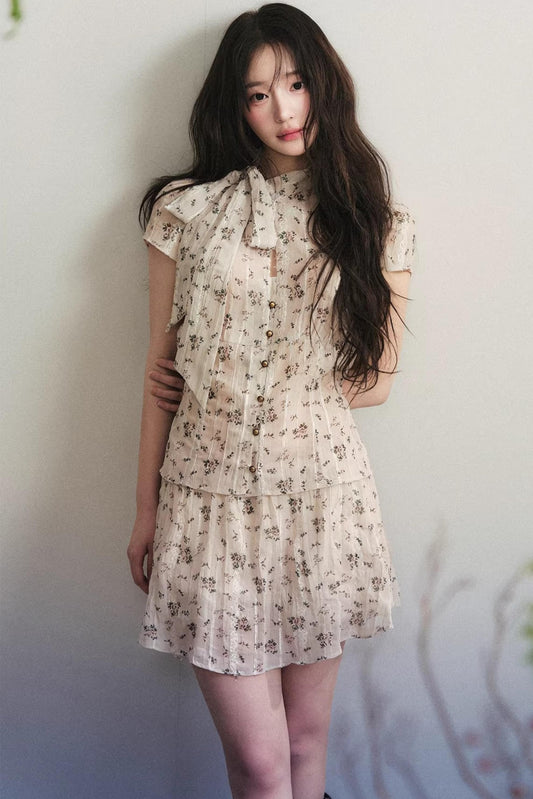 Beige Floral Chiffon Suit Set-Up