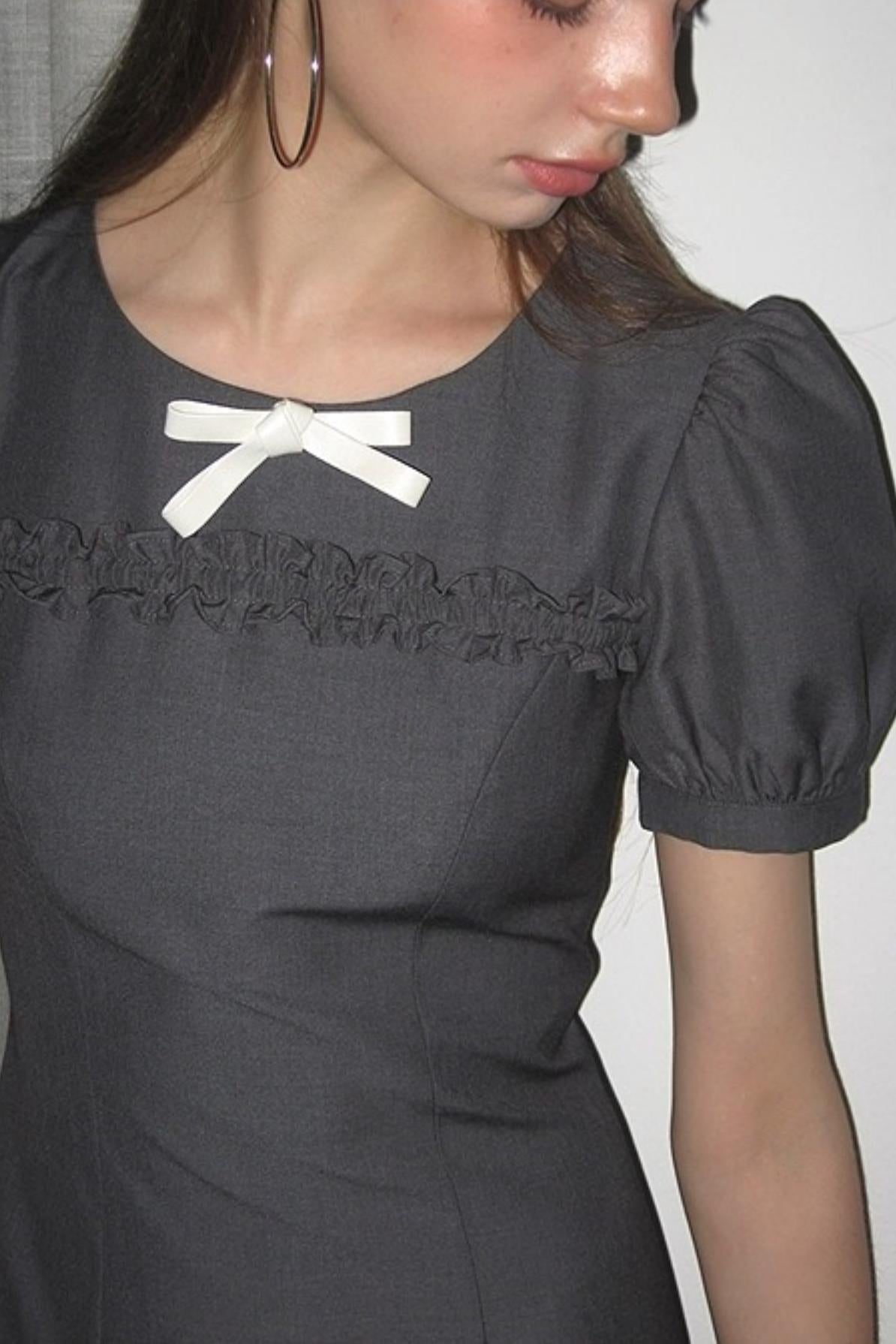 Detachable Bow Bubble Short Sleeve Dress