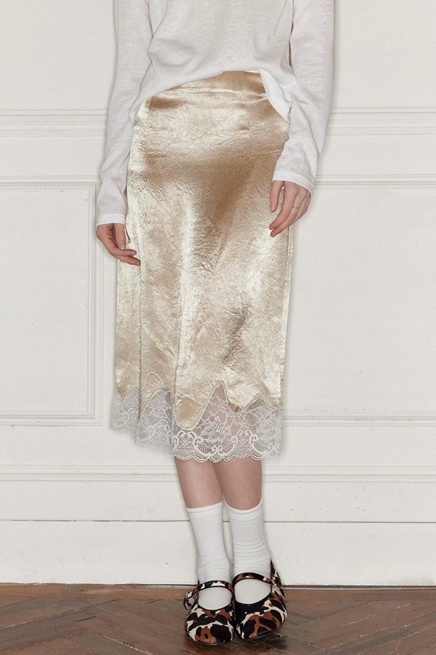 Lace-Trimmed Satin Skirt