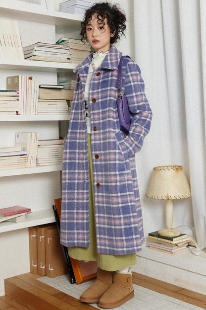 Autumn Plaid Purple Woolen Coat
